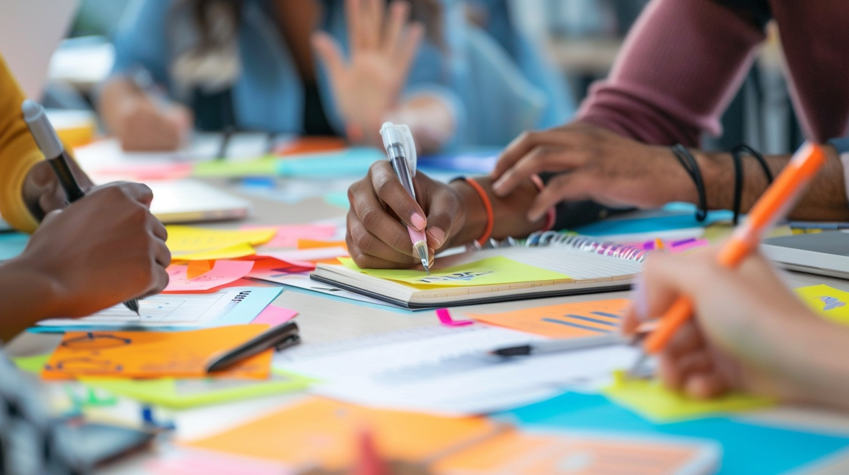 Nahaufnahme von Händen, die bunte Post-its auf einem Workshop-Board sortieren