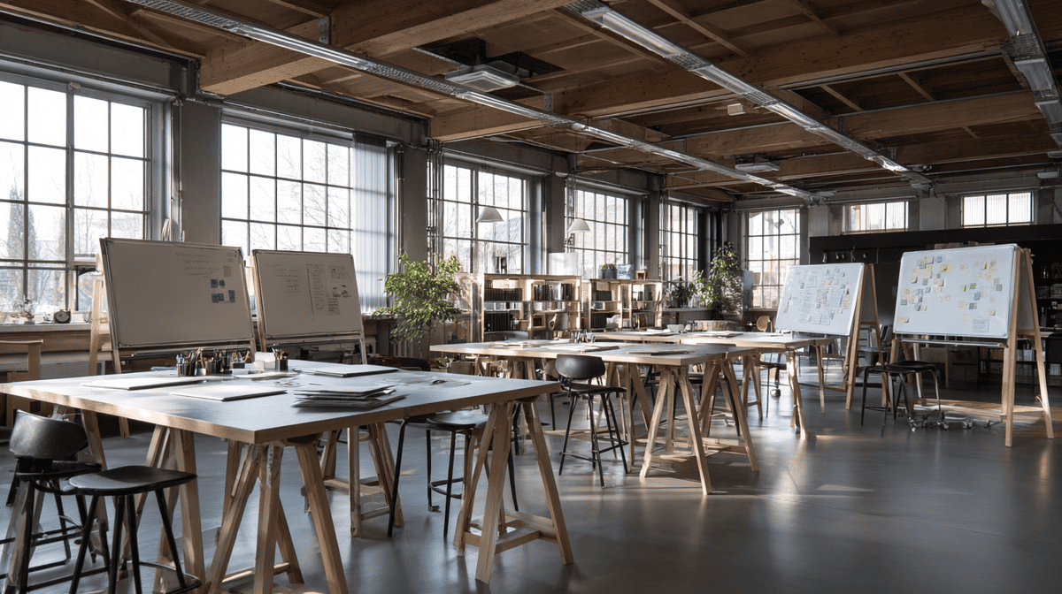 Einladender Workshop-Raum mit Holzboden und warmer Beleuchtung
